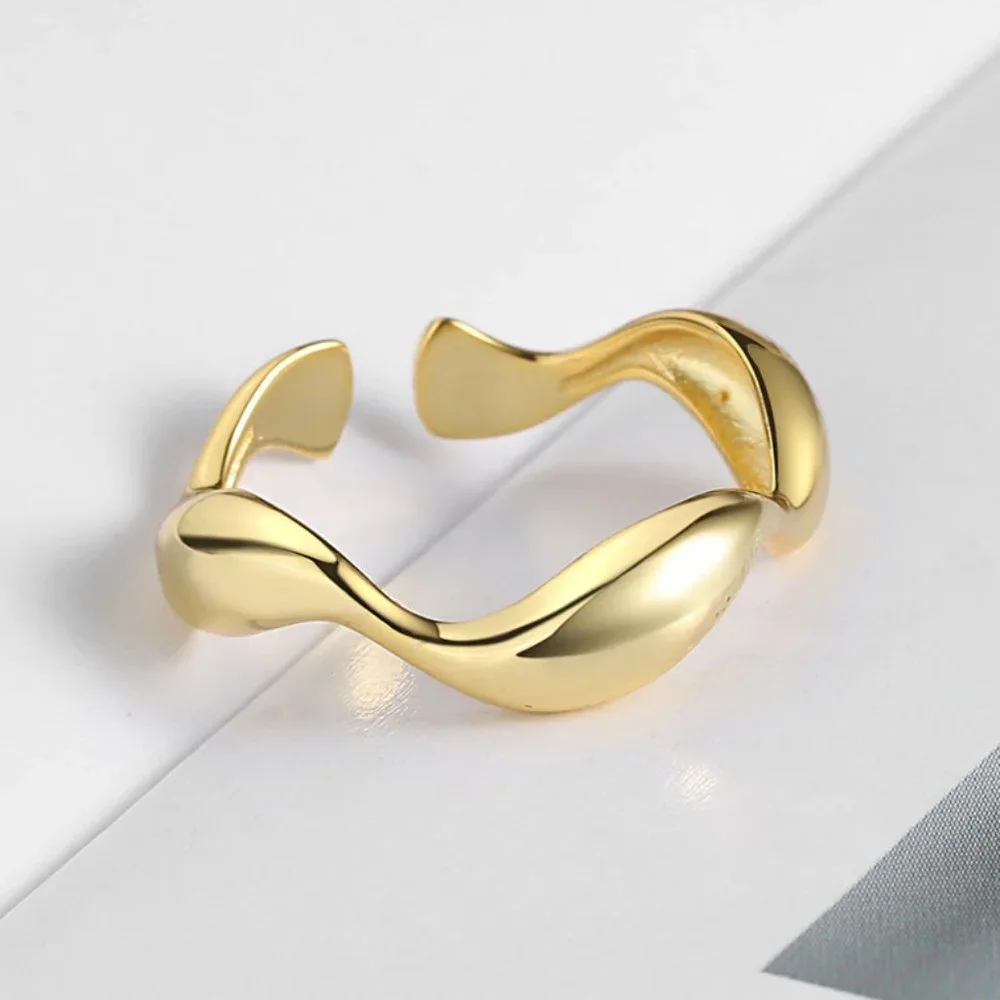 NEW Silver Gold Resizable Smooth Irregular Waves Gold Color Ring - Picture 6 of 6